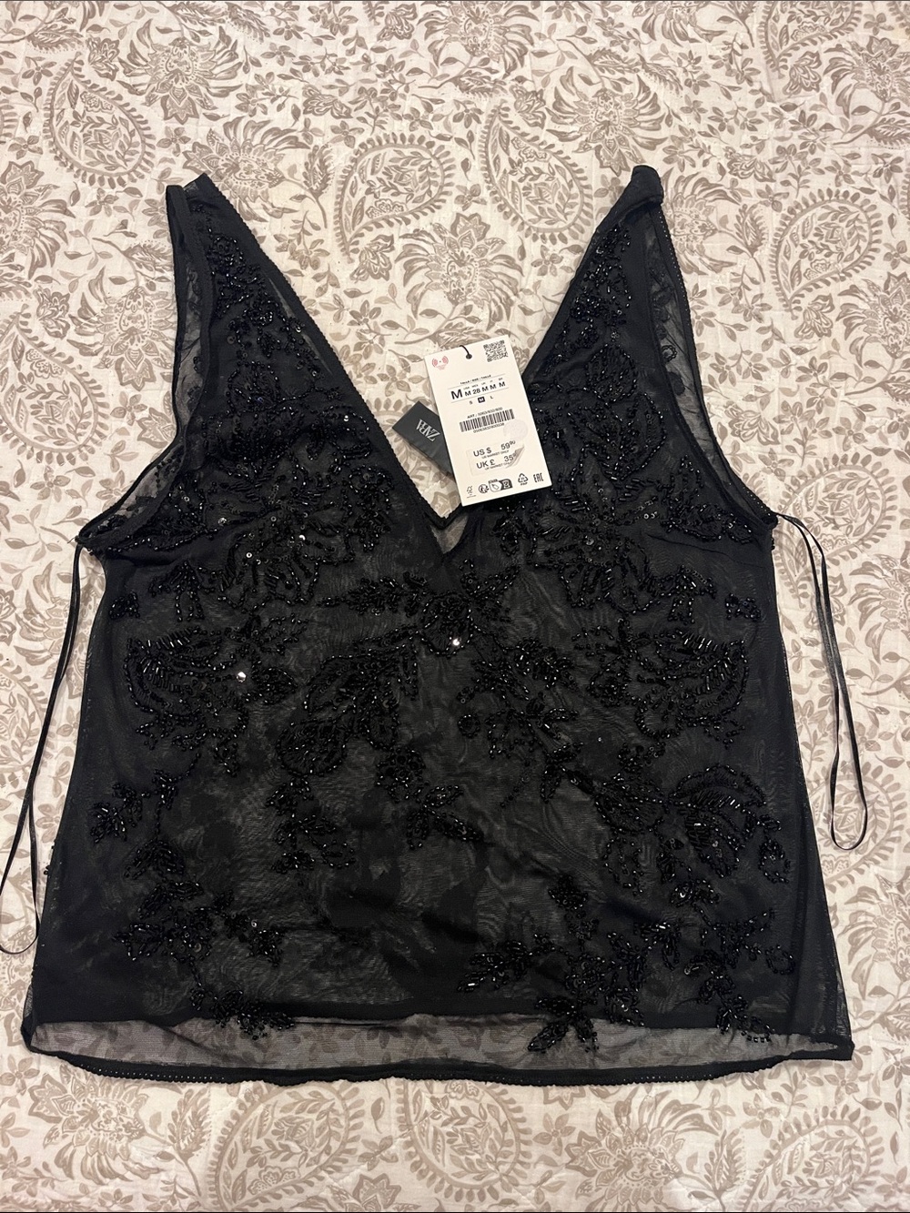 Zara Black Beaded V-Neck Sleeveless Mesh Camisole